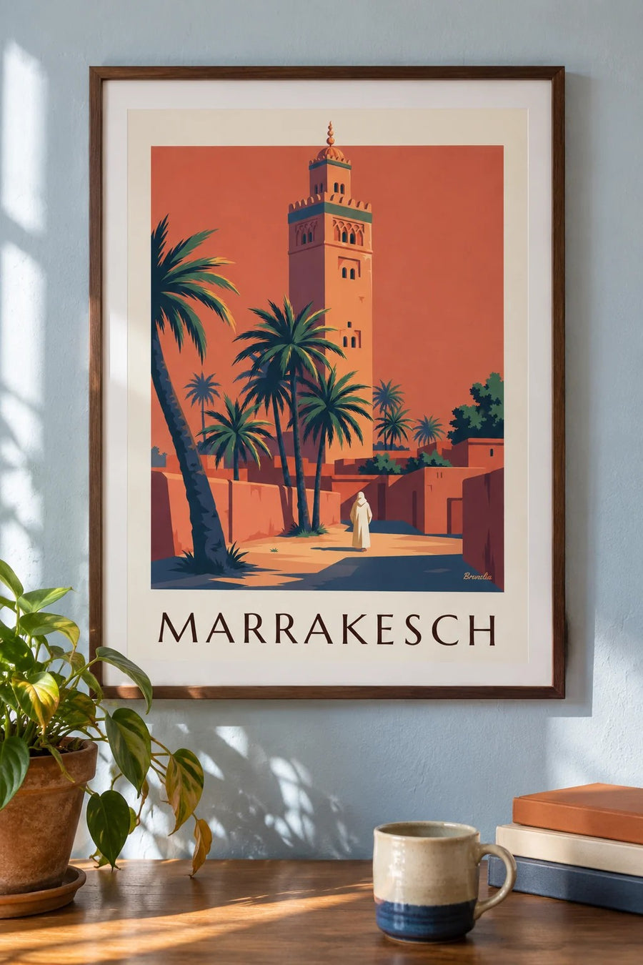 Poster Koutoubia-Minarett im Abendlicht in Marrakesch: gerahmt an der Wand