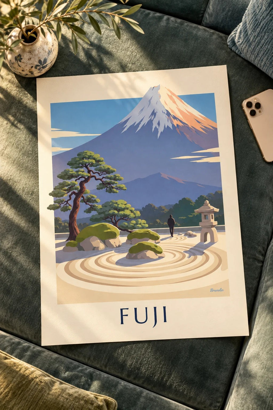Poster japanischer Zen-Garten vor dem Fuji: auf einem Tisch