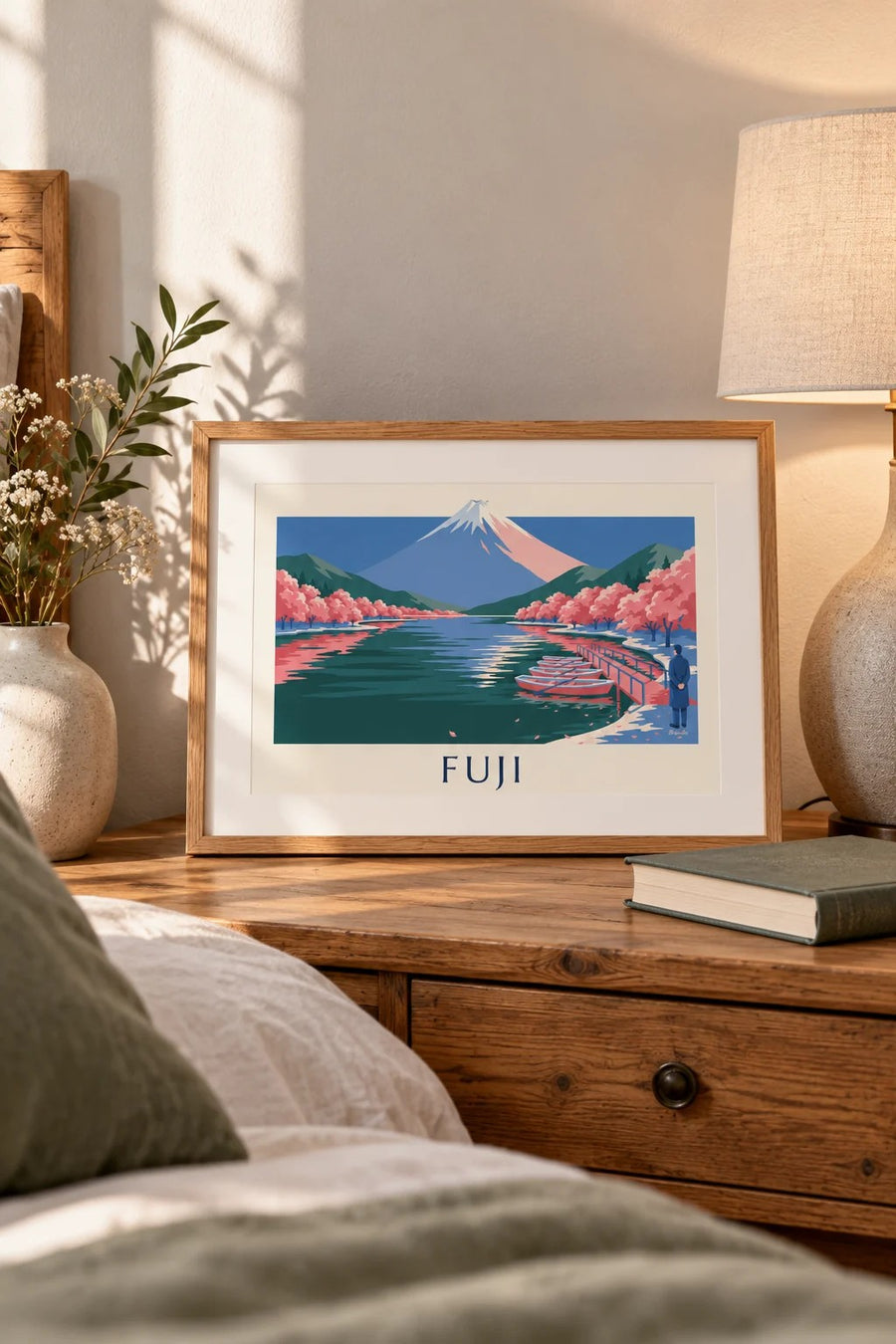 Poster Fuji, Kirschblüten und Boote am Steg: Kleinformat A4 gerahmt