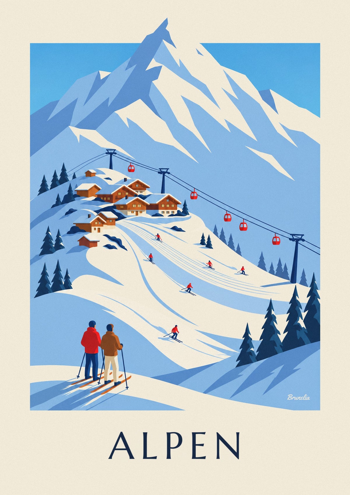 Poster Skiort in den französischen Alpen mit Gondelbahn