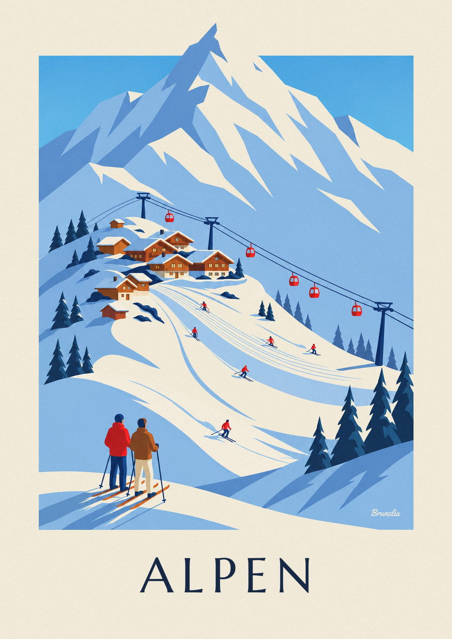 Poster Skiort in den französischen Alpen mit Gondelbahn