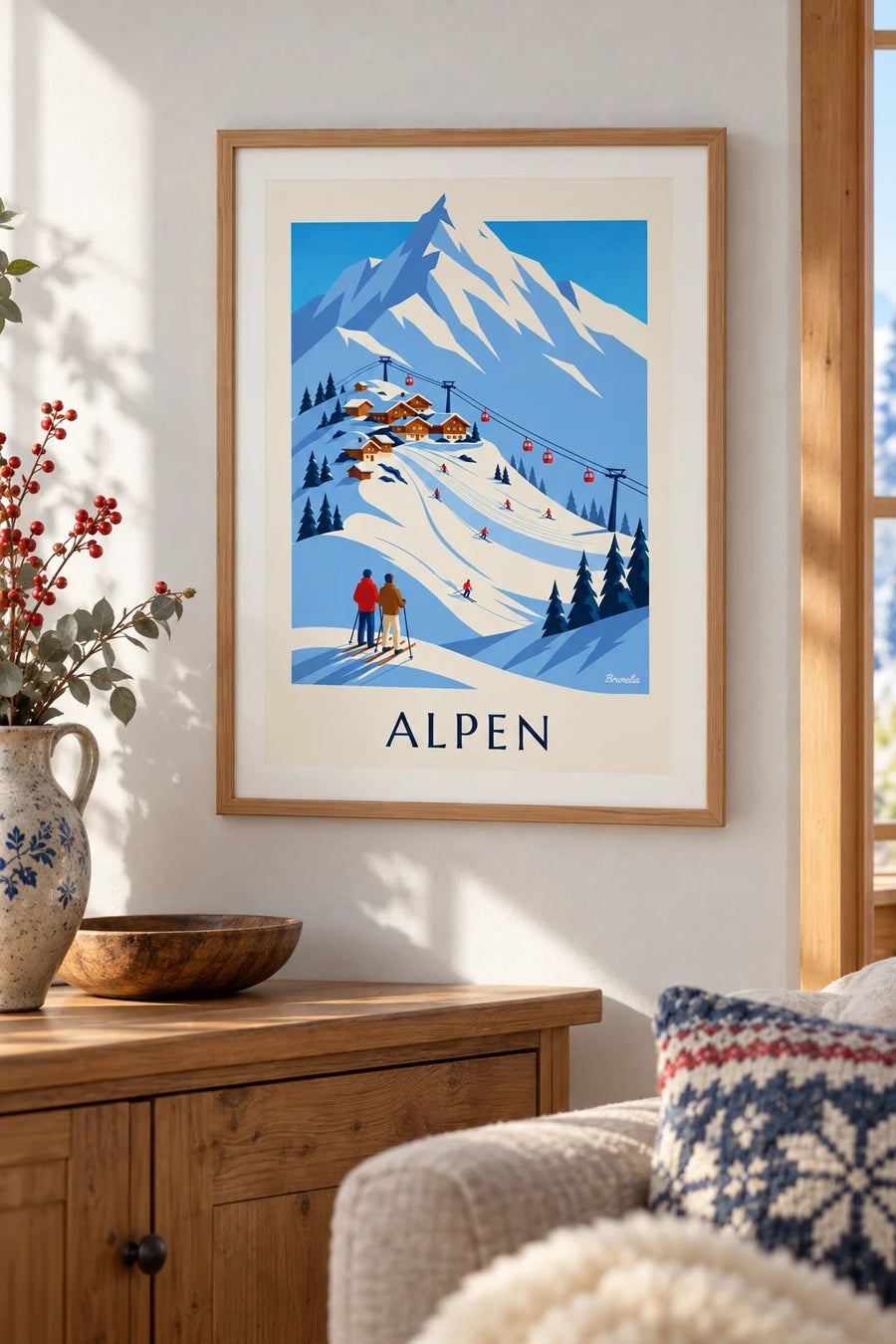 Poster Skiort in den französischen Alpen mit Gondelbahn: kleines Format A4 gerahmt