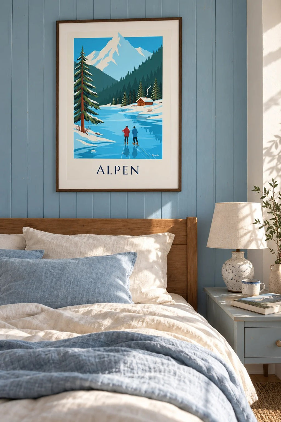 Poster Schlittschuhläufer auf einem zugefrorenen See vor verschneiten Alpen: gerahmt an der Wand