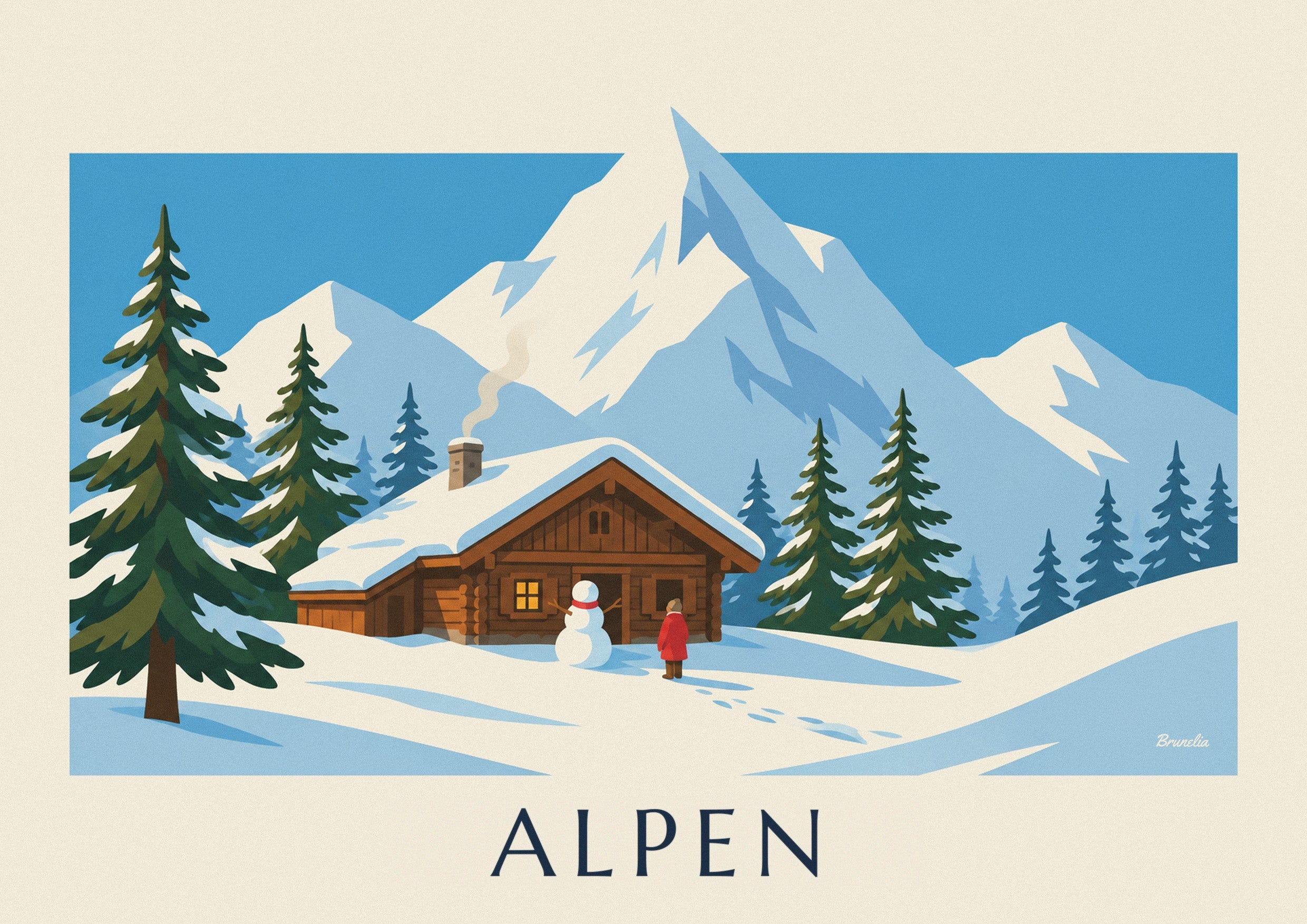 Poster verschneites Chalet und Schneemann in den Alpen: Detail in Nahaufnahme