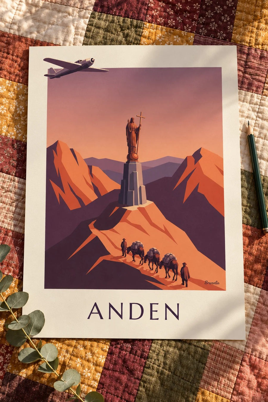 Poster Postflugzeug und Maultierkarawane in den Anden: flach auf einem Tisch
