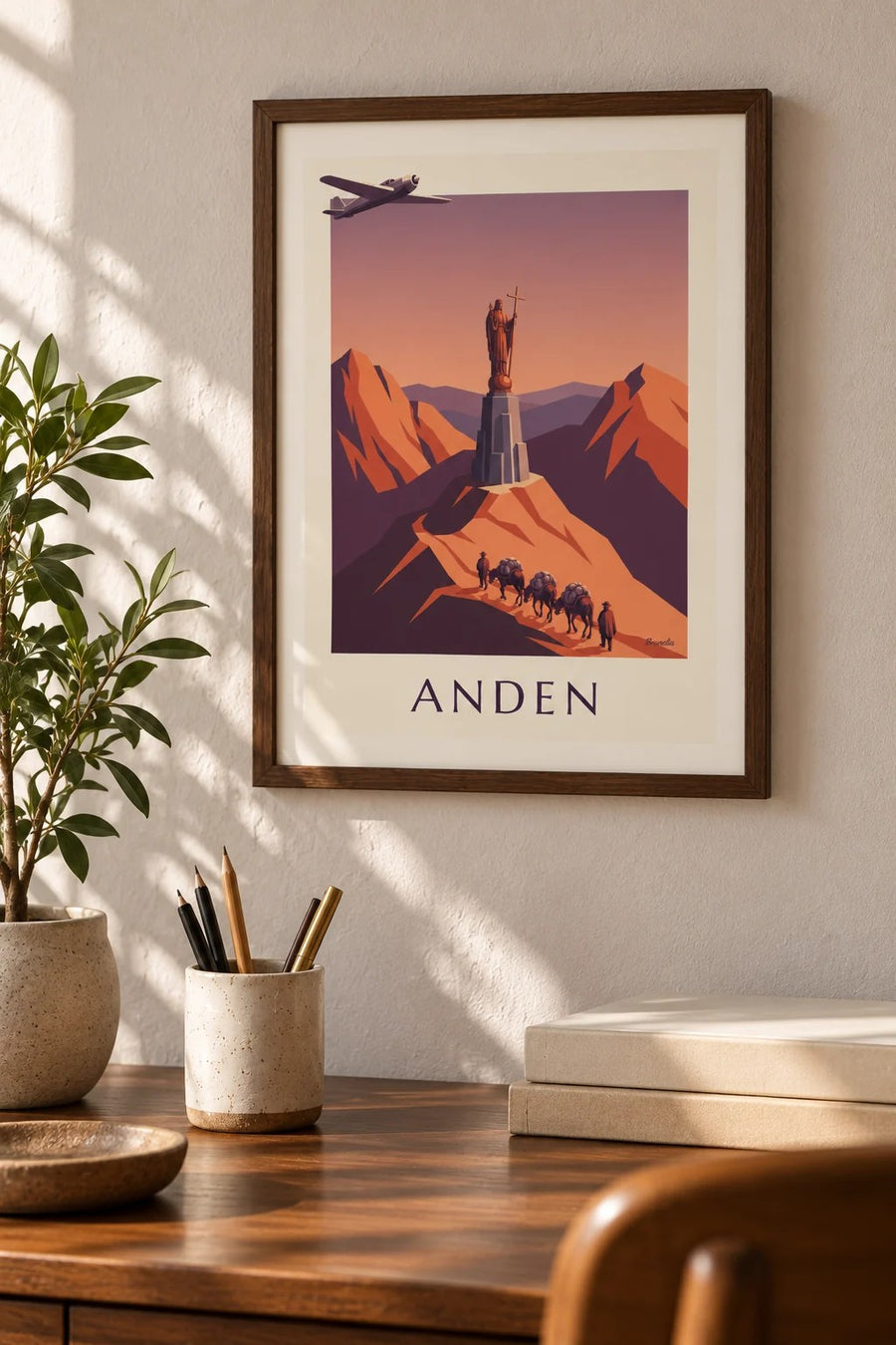 Poster Postflugzeug und Maultierkarawane in den Anden: kleines A4-Format, gerahmt