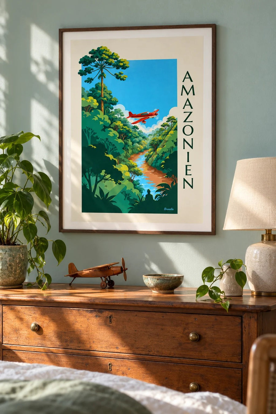 Poster Propellerflugzeug über dem Amazonas-Regenwald: gerahmt an der Wand