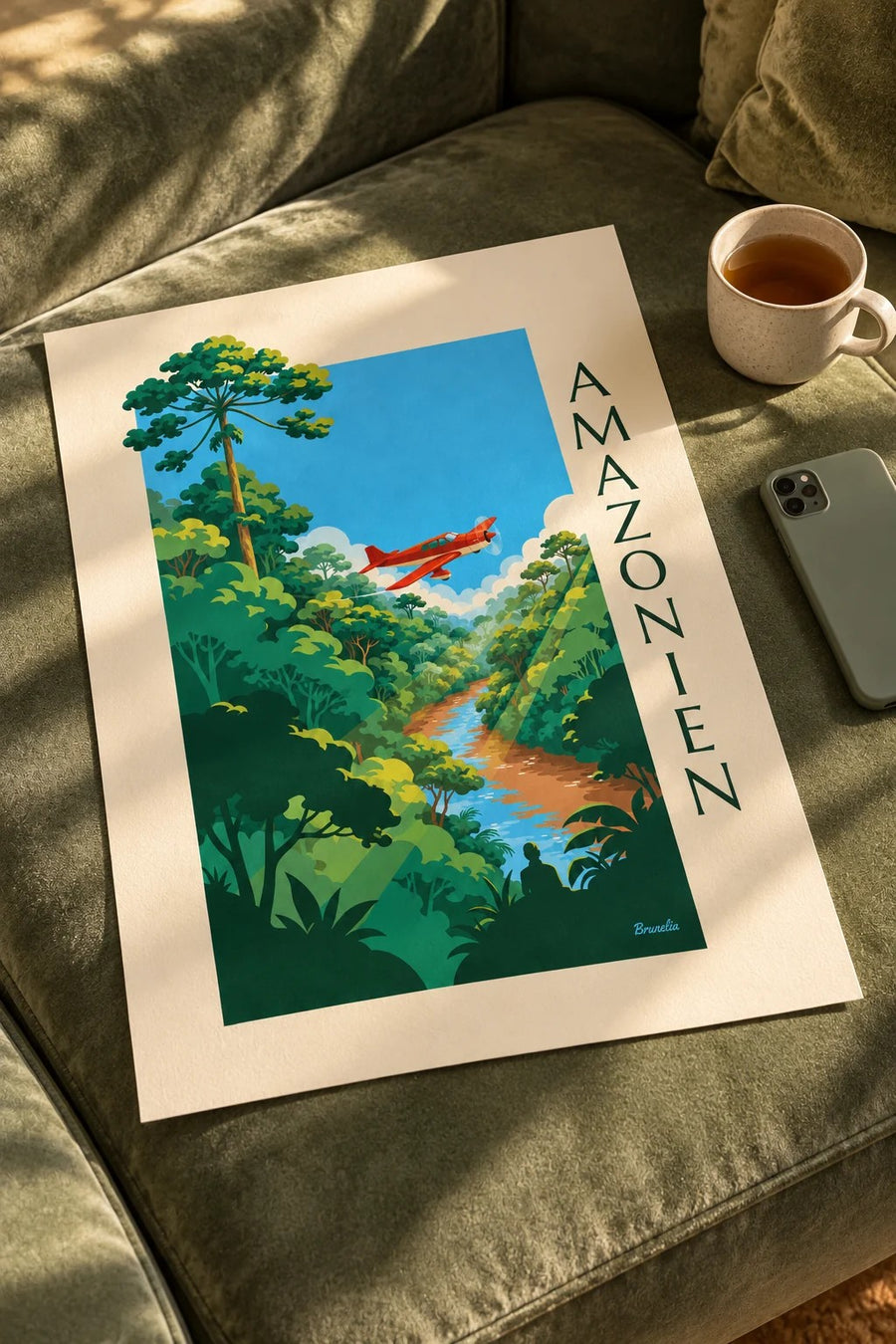 Poster Propellerflugzeug über dem Amazonas-Regenwald: auf einem Tisch