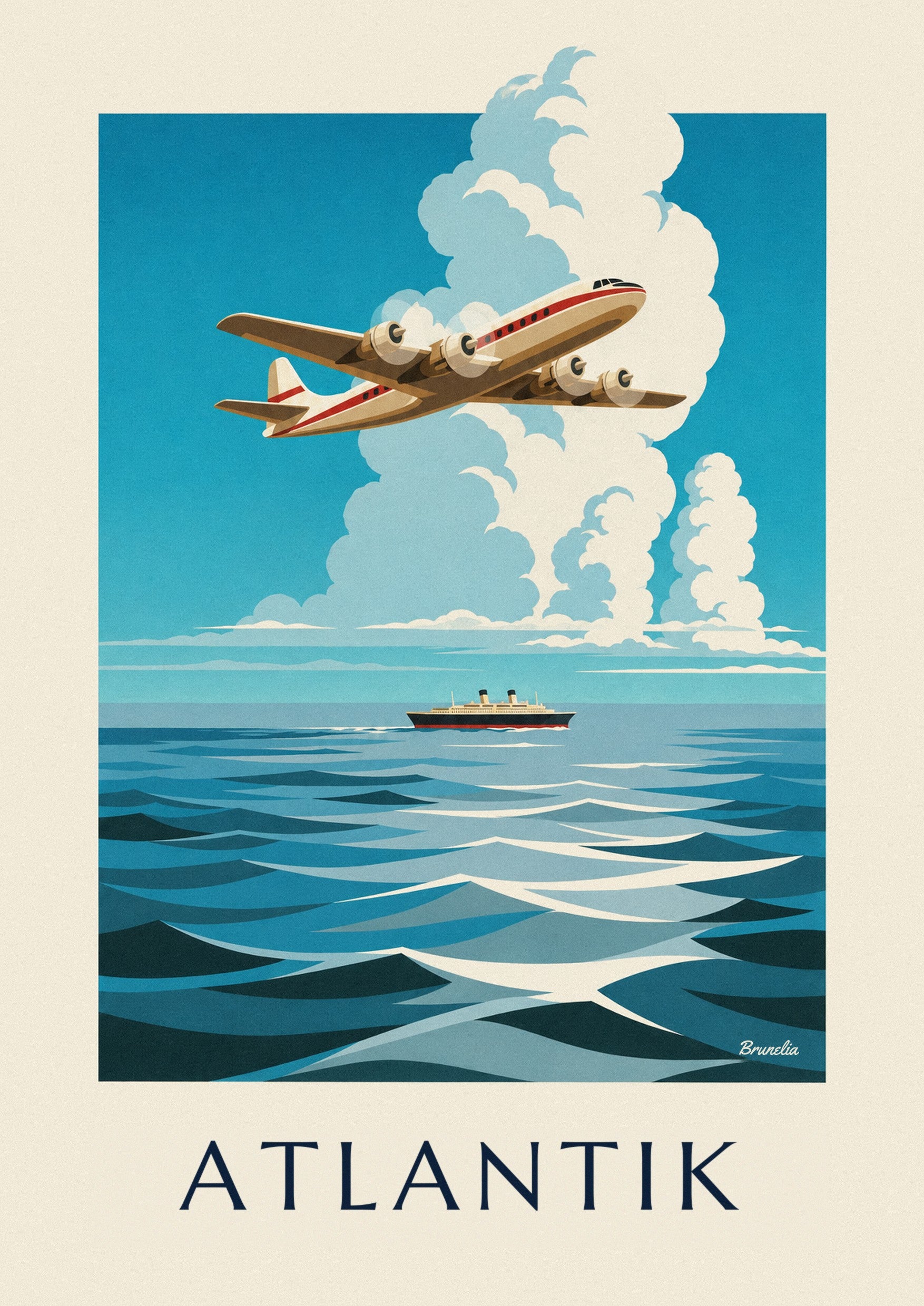 Poster viermotoriges Flugzeug über dem Atlantik: Detail in Nahaufnahme