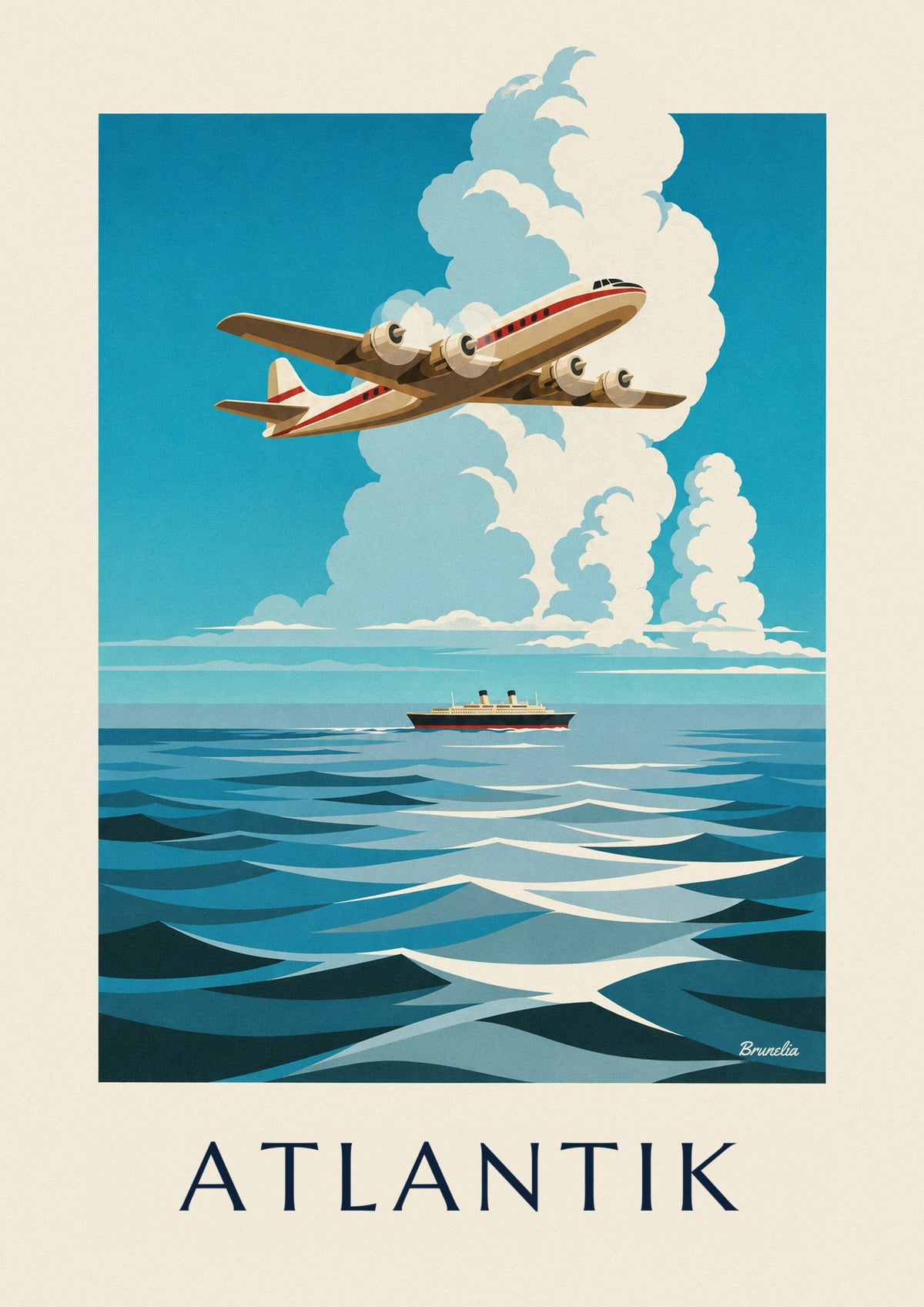 Poster viermotoriges Flugzeug über dem Atlantik