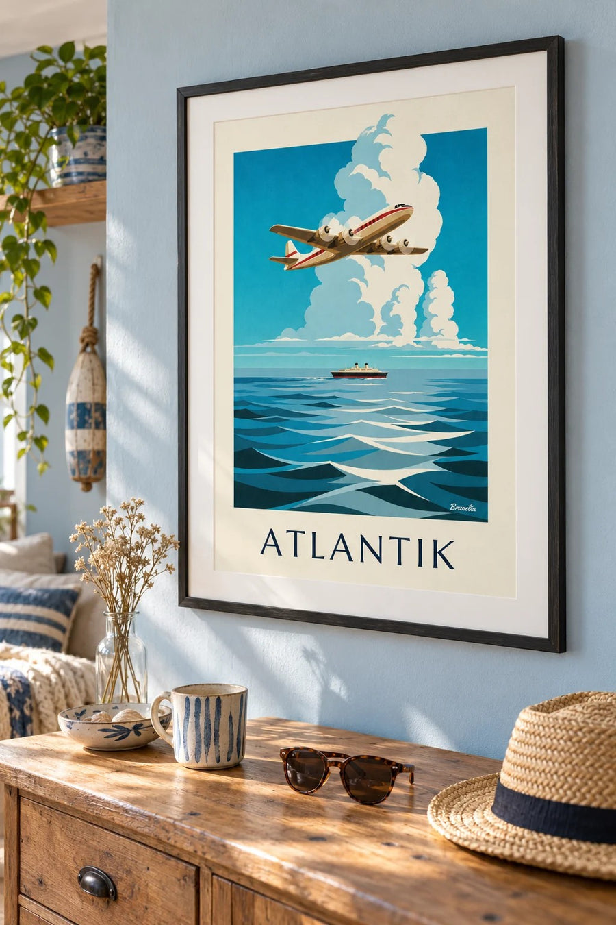 Poster viermotoriges Flugzeug über dem Atlantik: gerahmt an der Wand