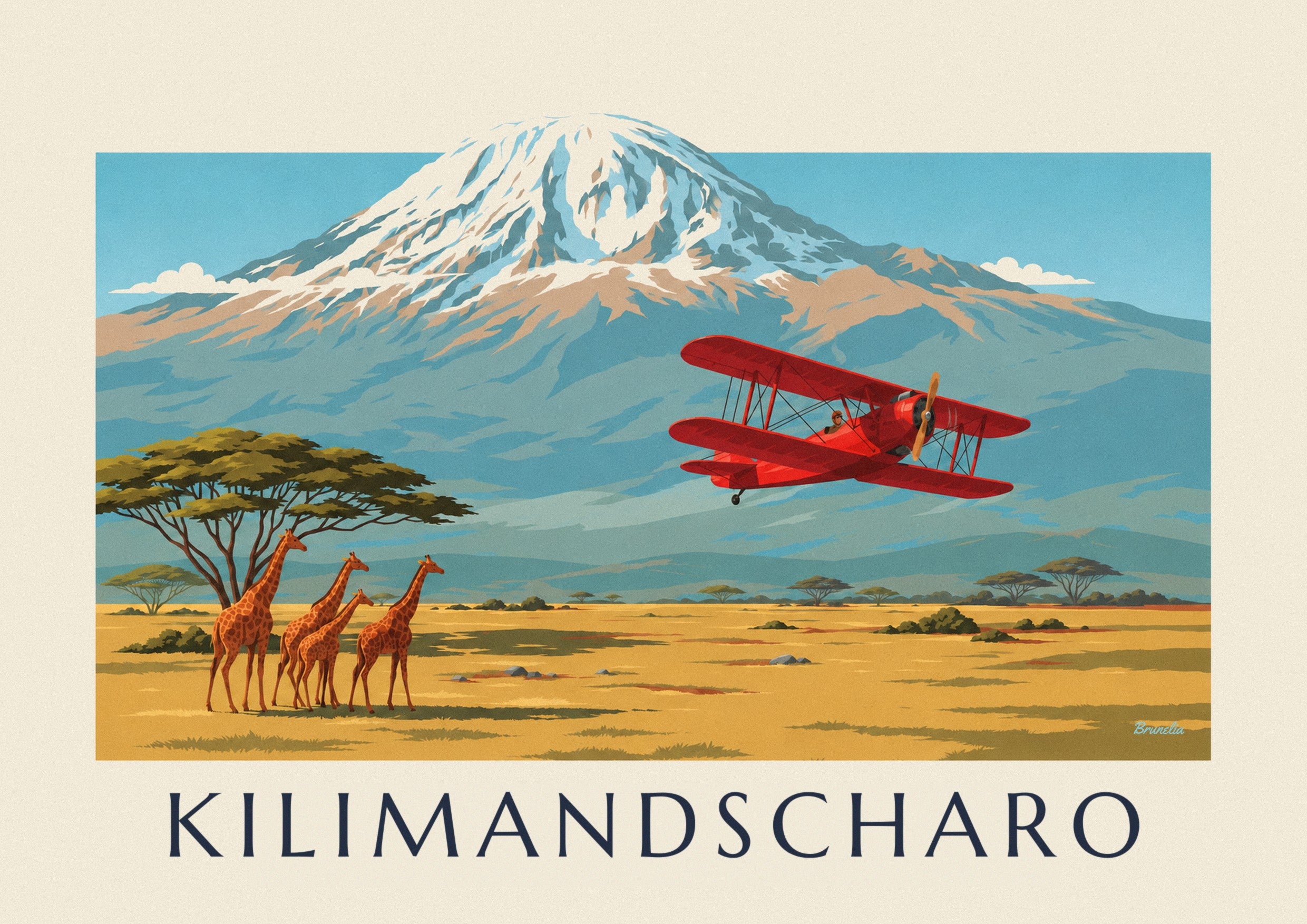 Poster Doppeldecker über der Savanne und dem Kilimandscharo: Detail in Nahaufnahme