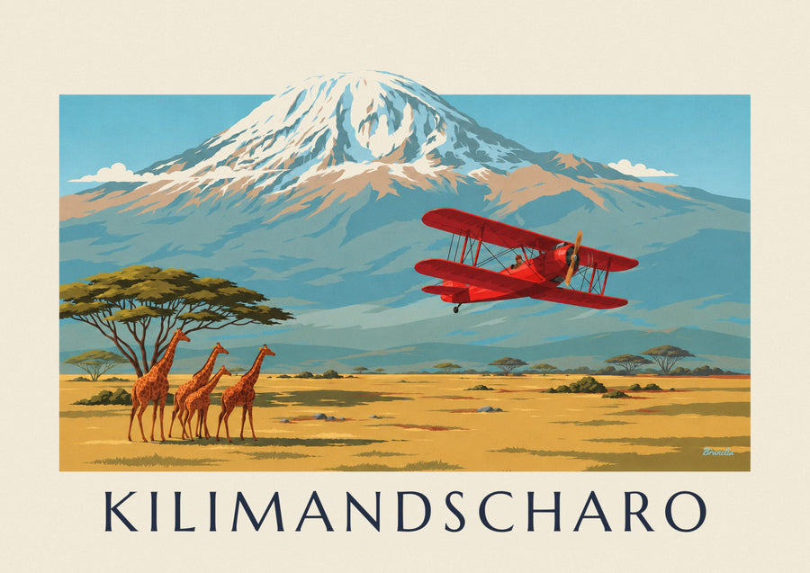 Poster Doppeldecker über der Savanne und dem Kilimandscharo