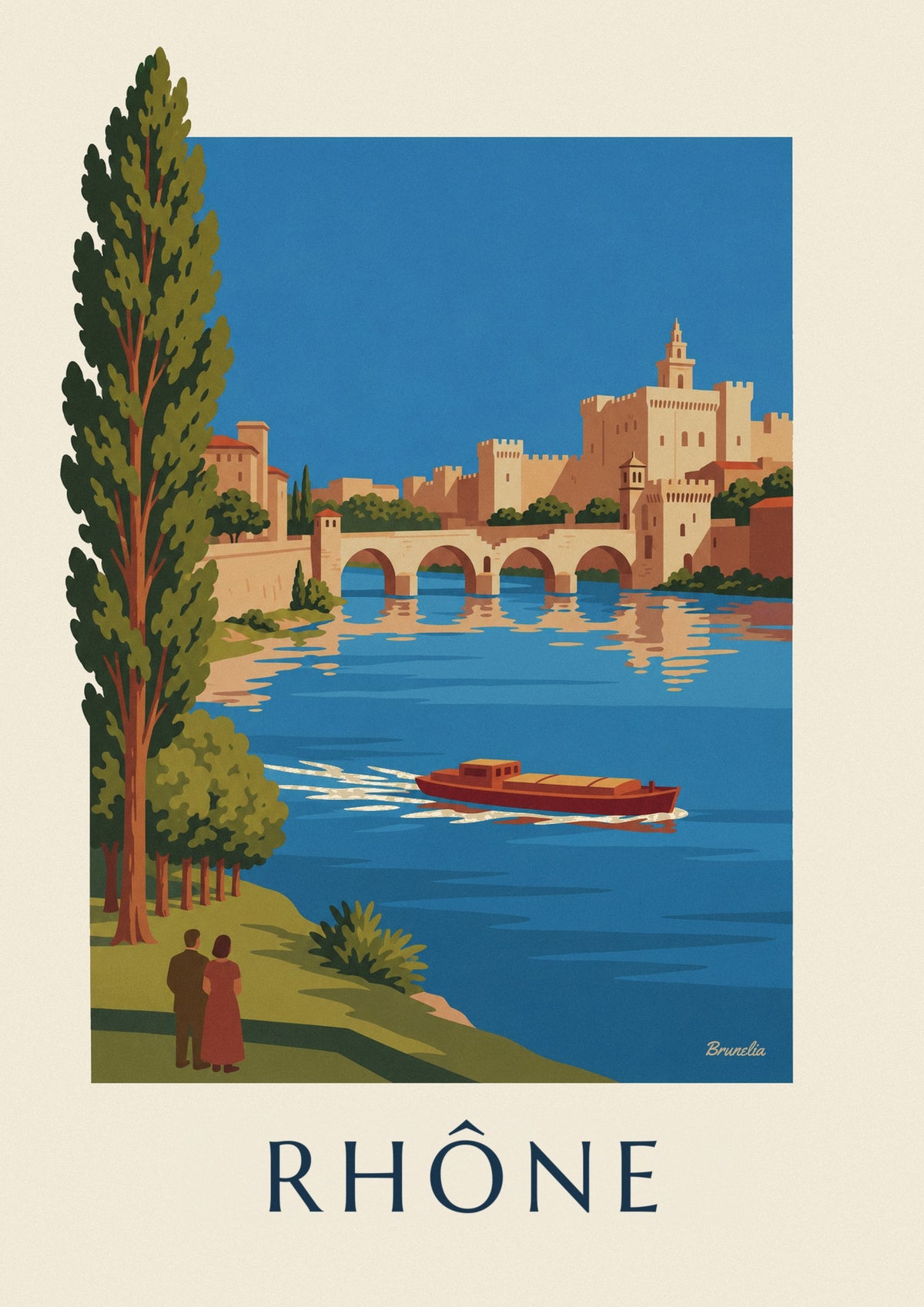 Poster Frachtkahn auf der Rhône vor der Brücke von Avignon