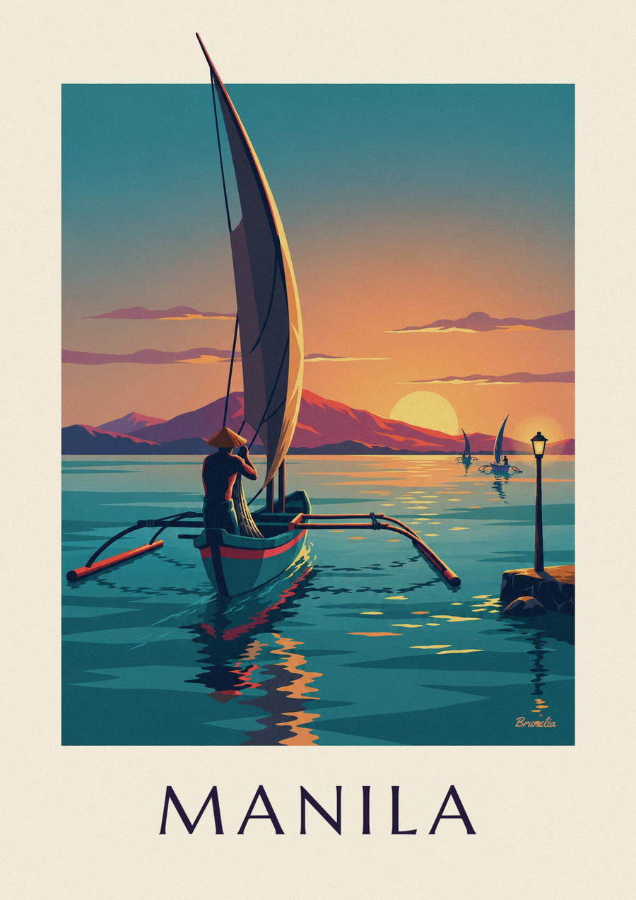 Poster Bangka-Auslegerboot in der Bucht von Manila bei Sonnenuntergang