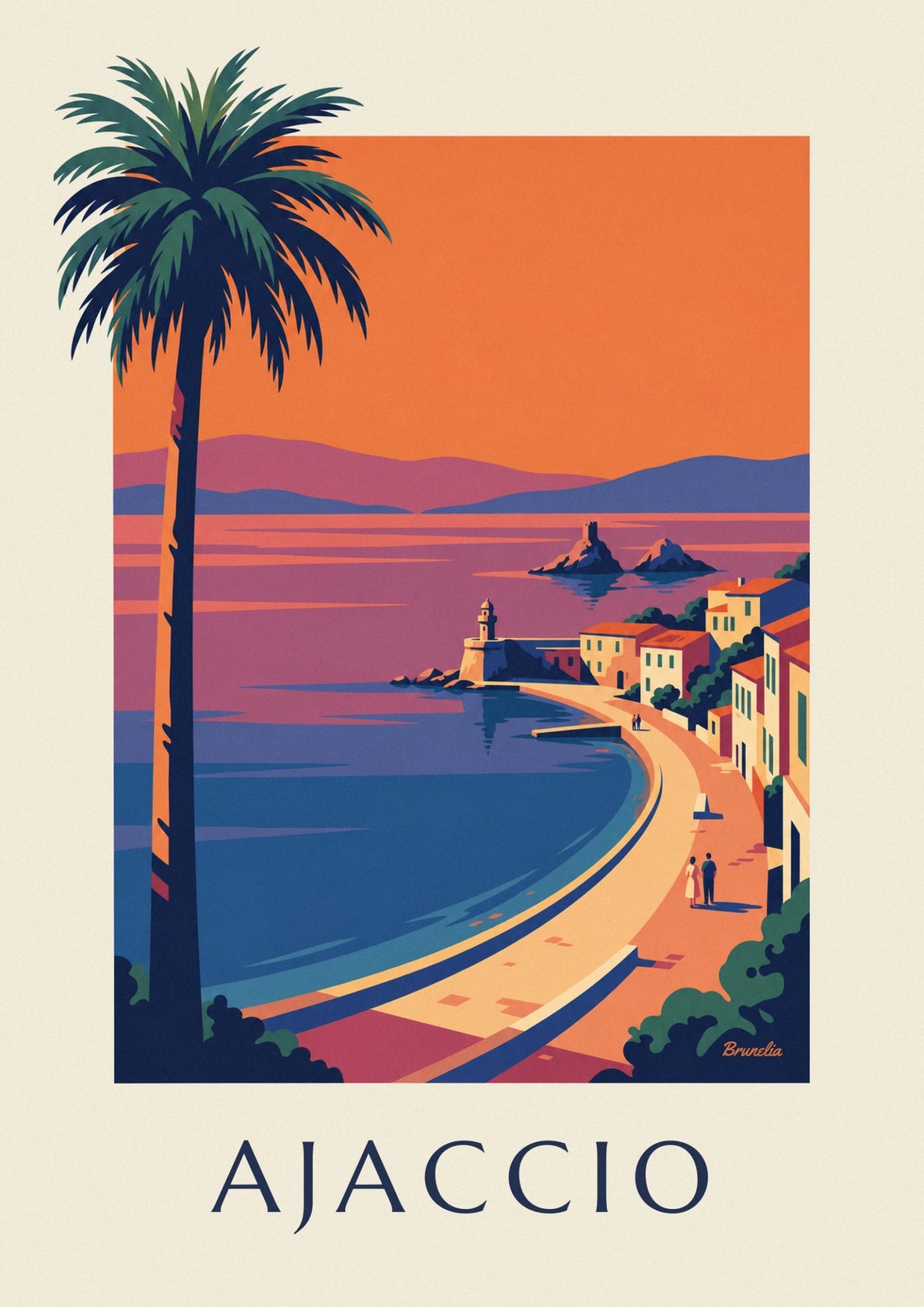 Affiche baie d'Ajaccio et îles Sanguinaires au coucher du soleil