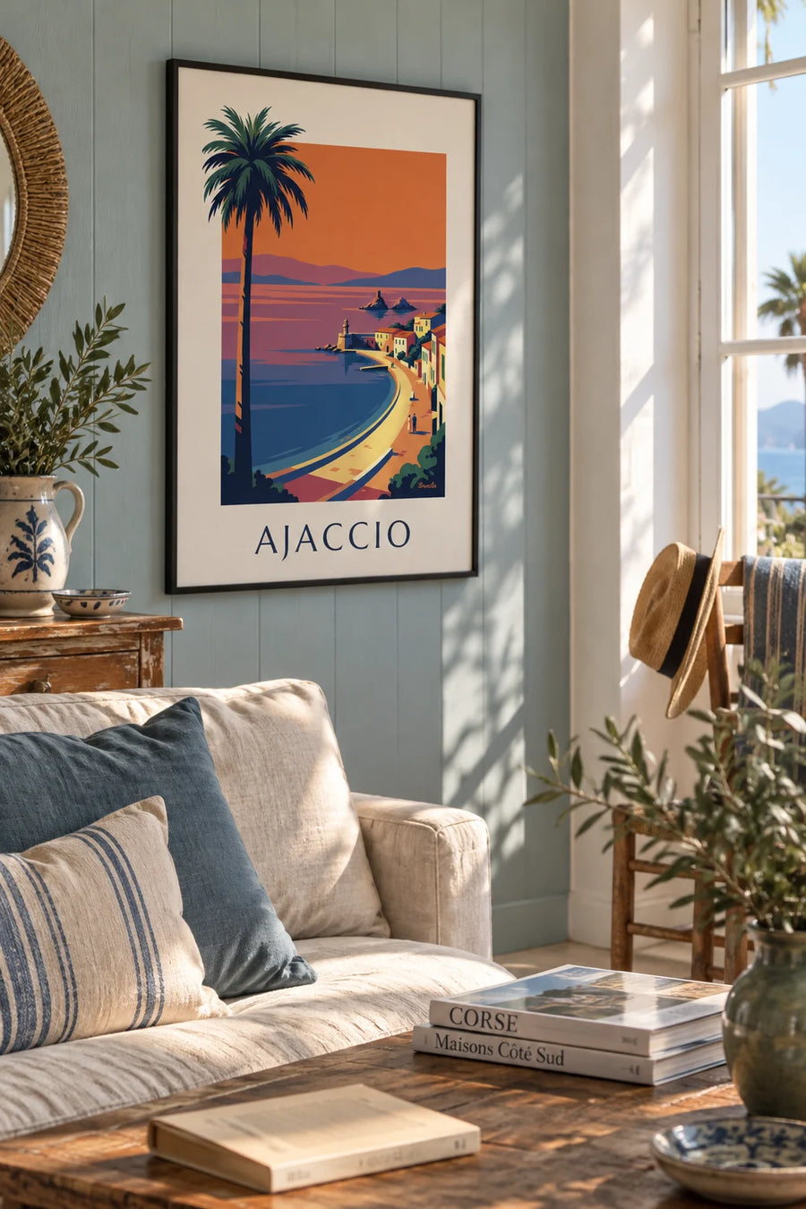 Affiche baie d'Ajaccio et îles Sanguinaires au coucher du soleil : encadrée au mur