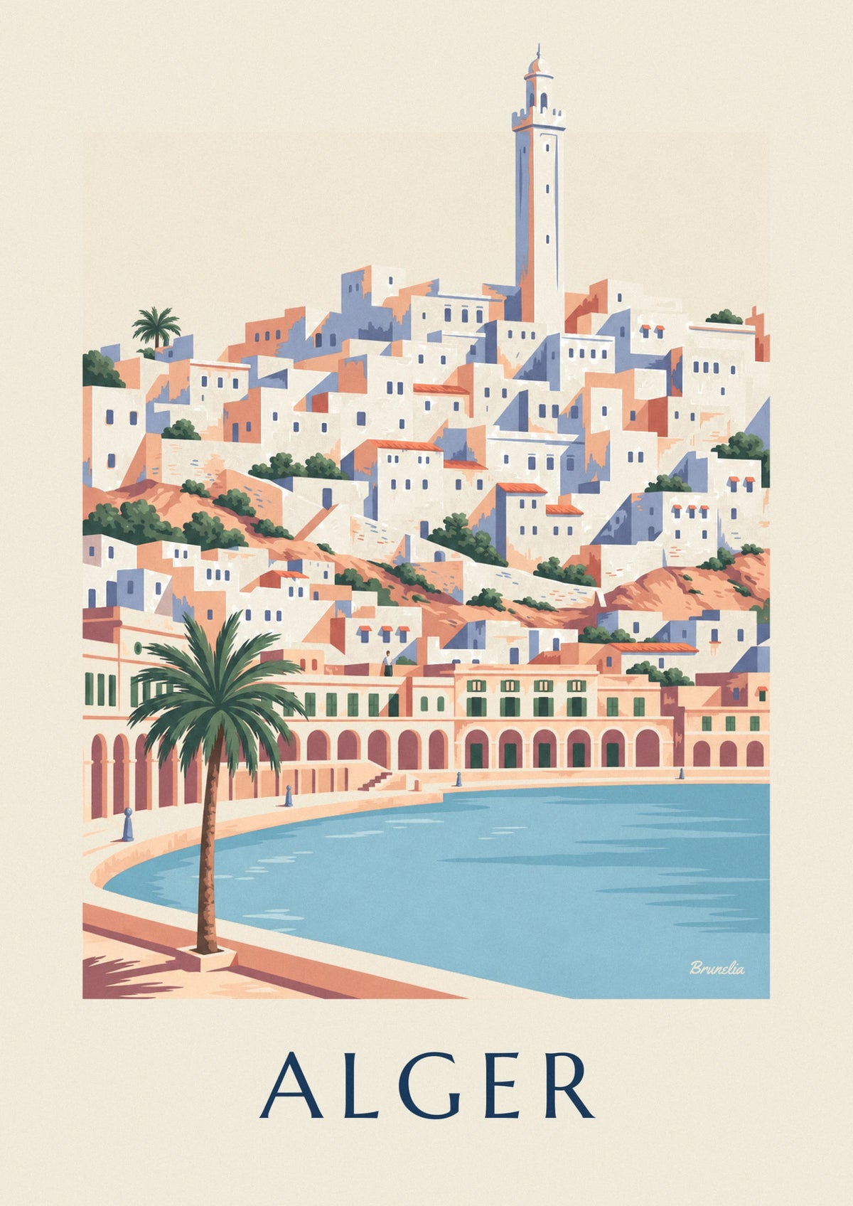 Algiers white casbah and arcaded seafront poster