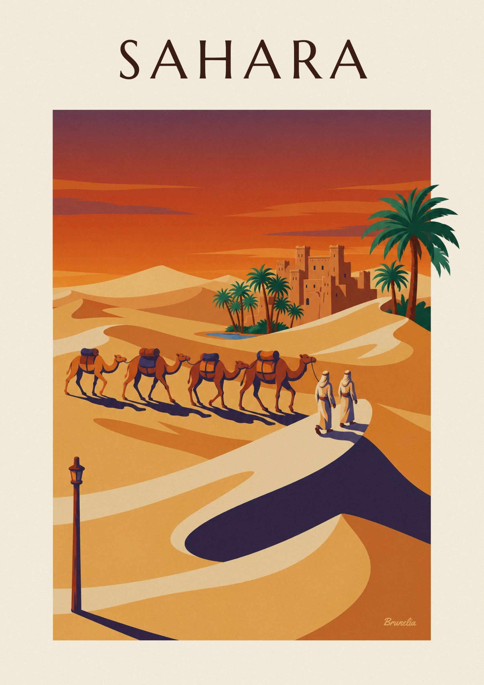 The caravan of camels laden with bundles, near a palm oasis