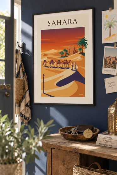 Poster Dromedarkarawane in der algerischen Sahara: gerahmt an der Wand