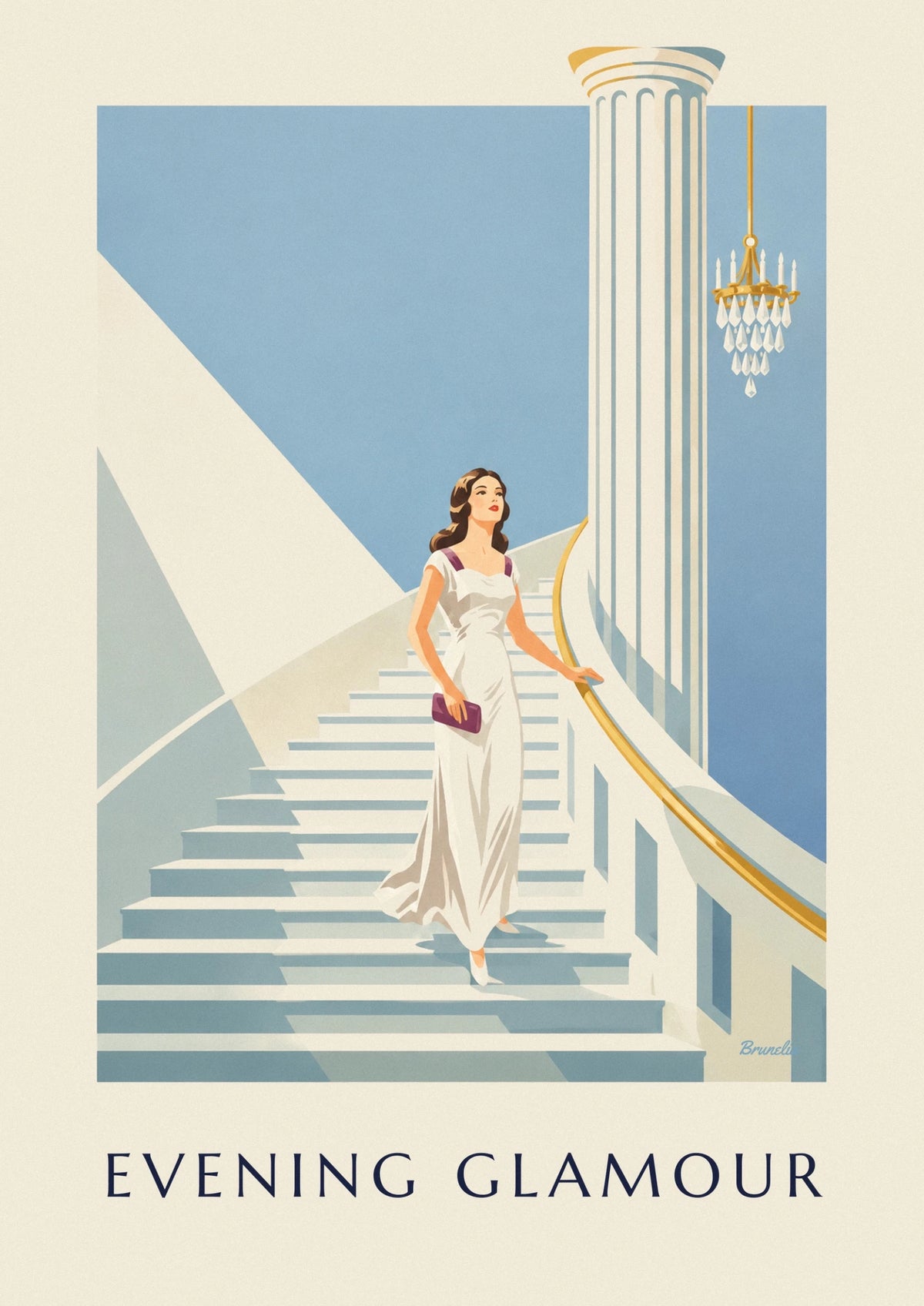 Affiche femme en robe de soirée sur un grand escalier