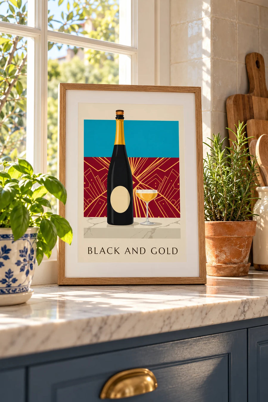 Poster Champagnerflasche Brut in Schwarz und Gold: Kleinformat A4 gerahmt