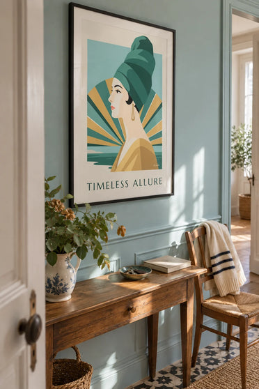 Poster Frau mit Turban und langen Ohrringen: gerahmt an der Wand
