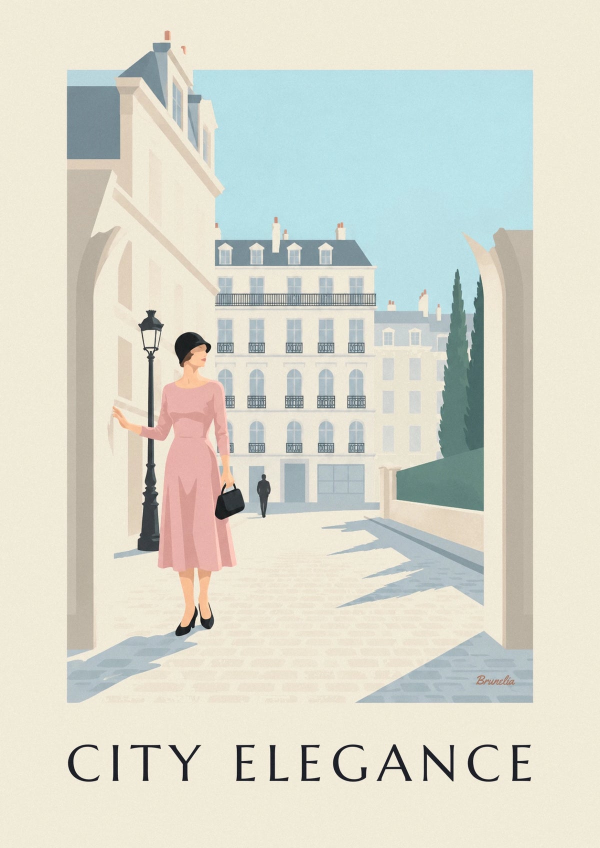 Affiche femme raffinée devant une façade de ville en noir et pastel