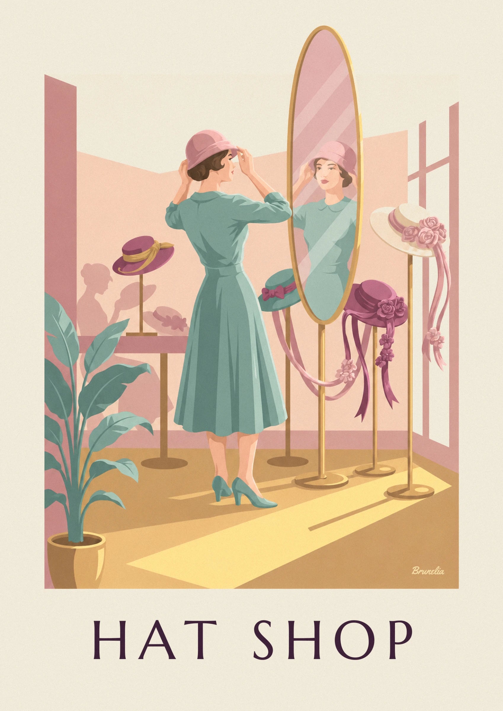 Une femme en robe verte ajustant son chapeau rose devant le miroir de la modiste