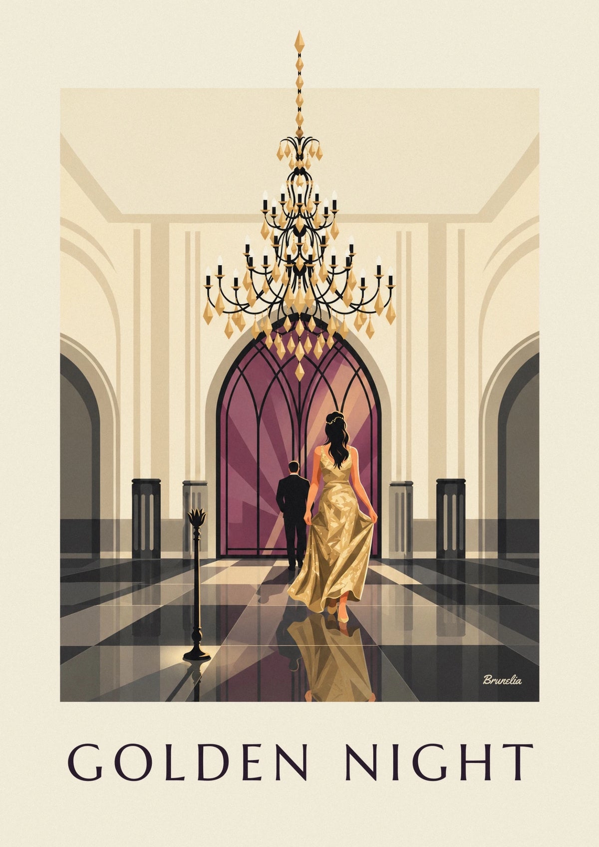 Woman in golden sequin dress under ballroom chandelier poster