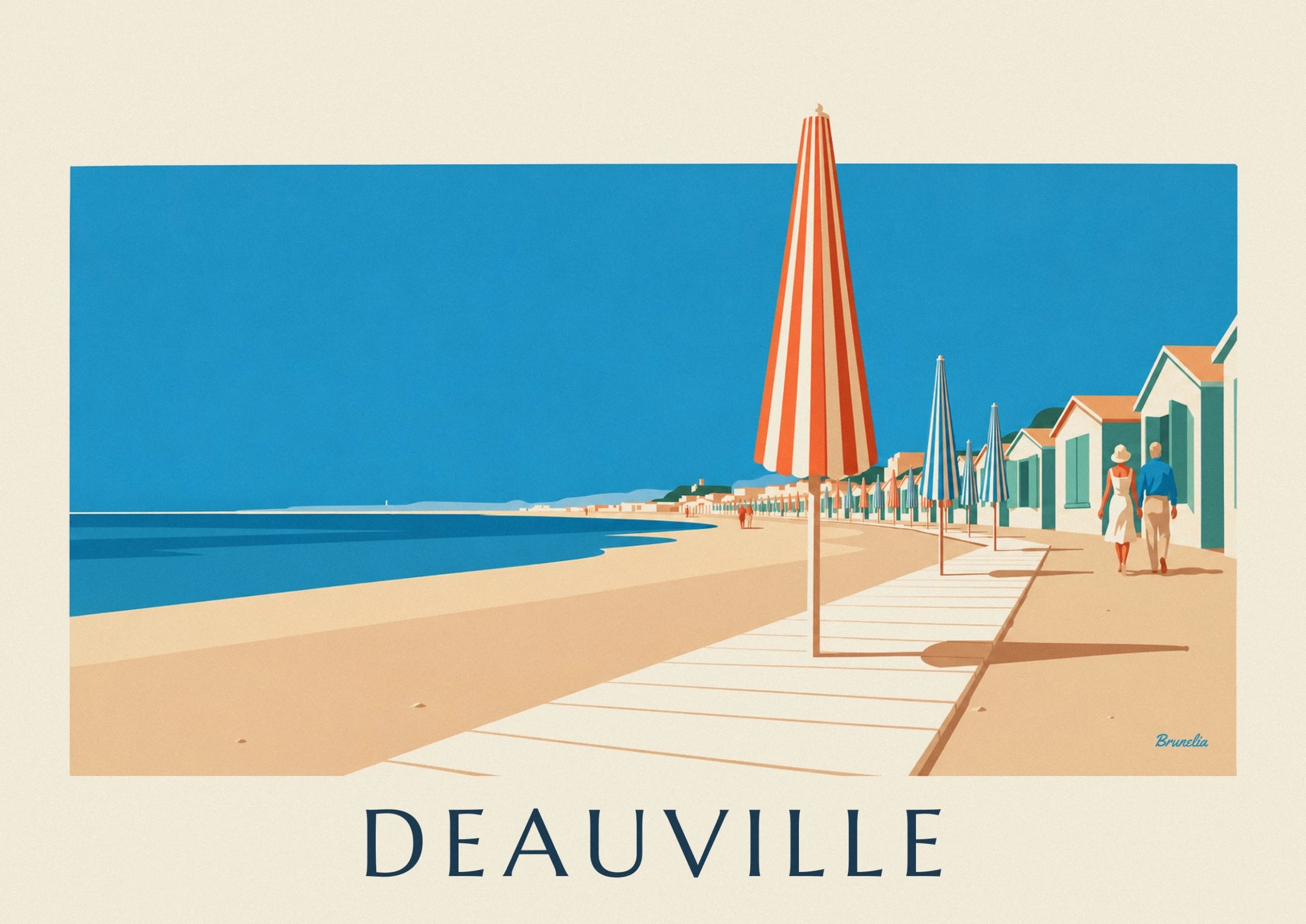 Le grand parasol rayé orange et crème devant les parasols bleus et les planches de Deauville