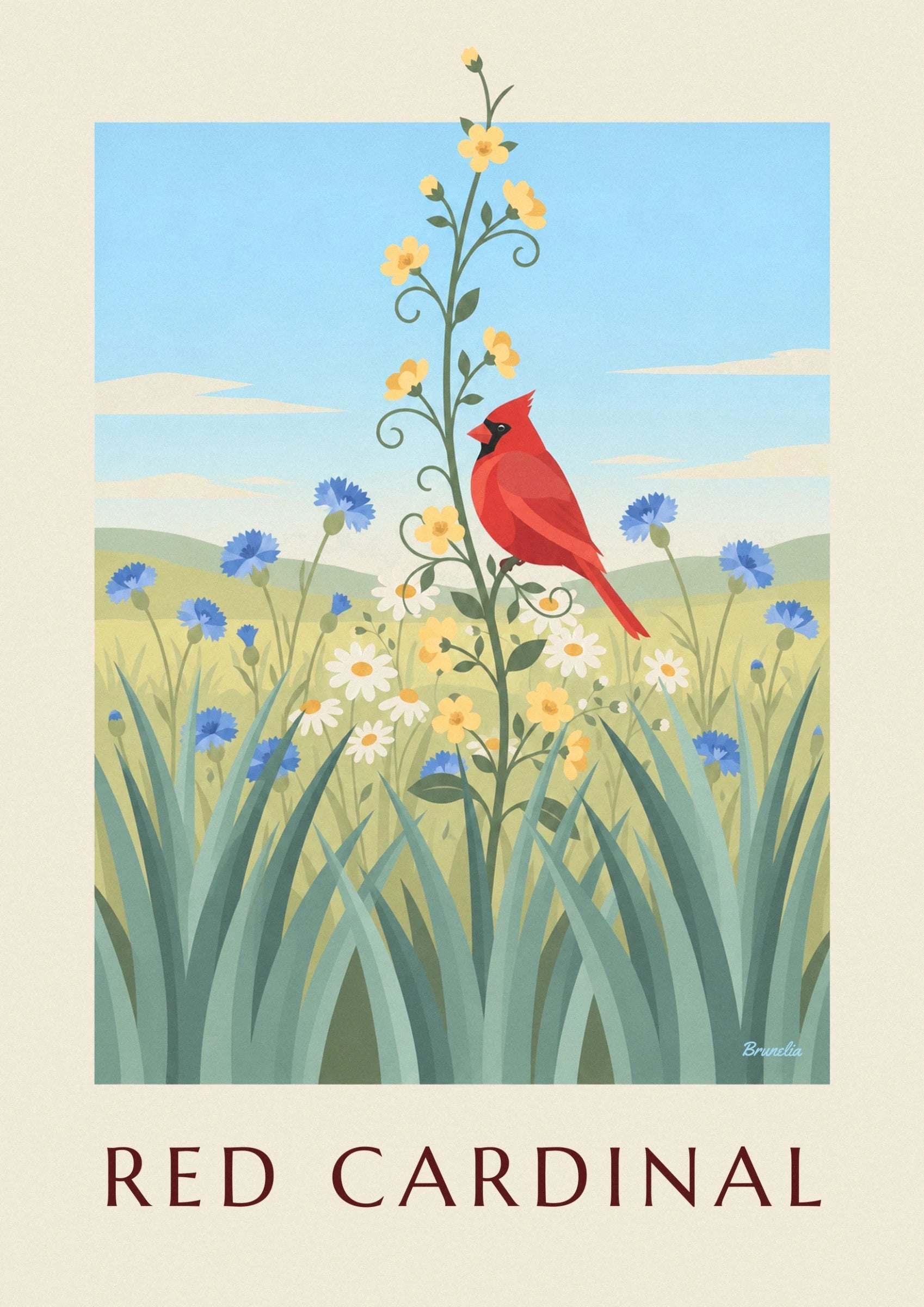 The red cardinal with a black mask, perched among daisies and blue flowers