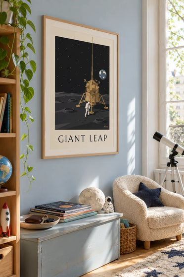Poster of an astronaut walking toward the lunar module on the Moon: framed on the wall