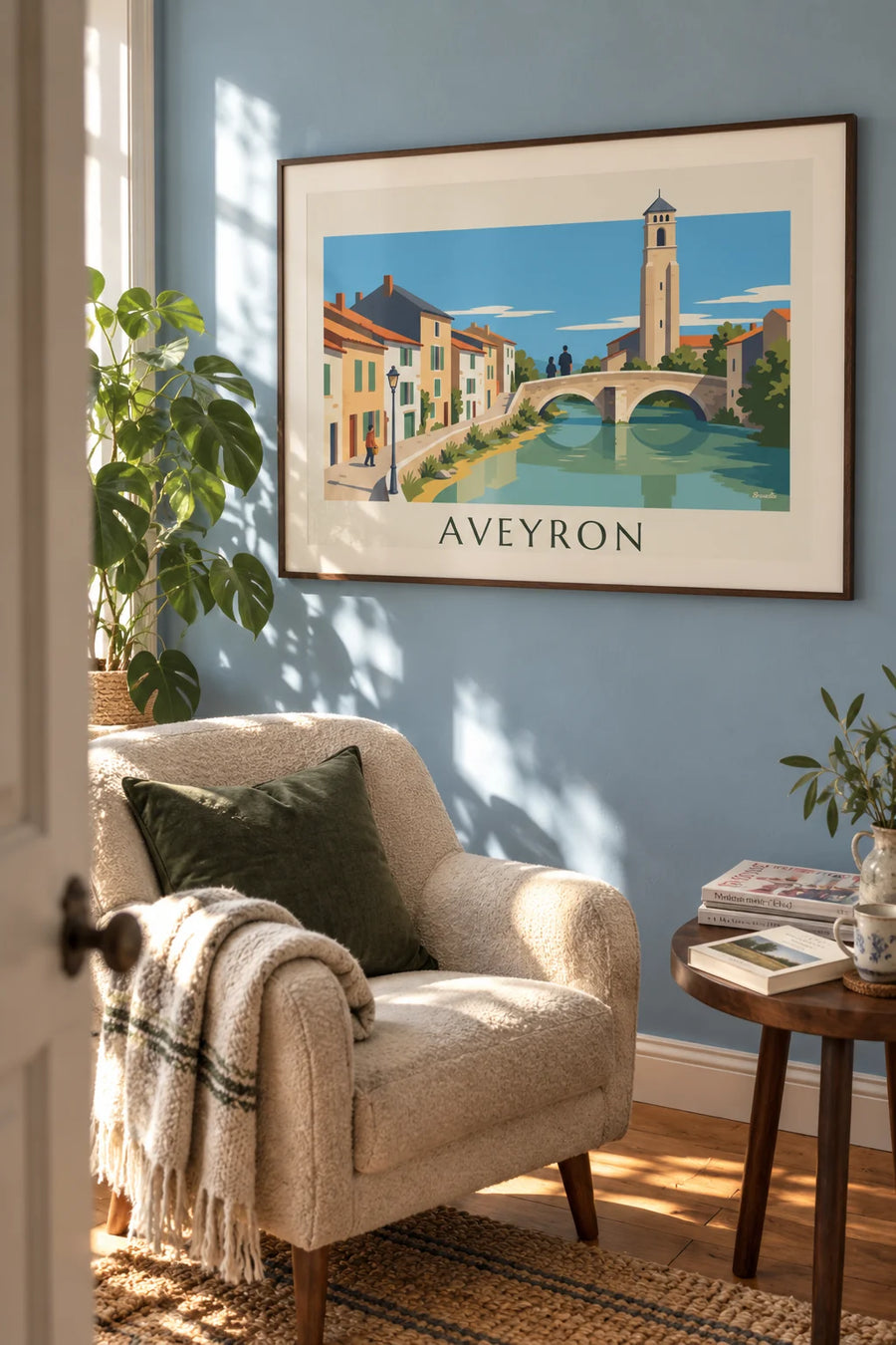 Stone houses on the banks of the Aveyron River poster: framed on the wall