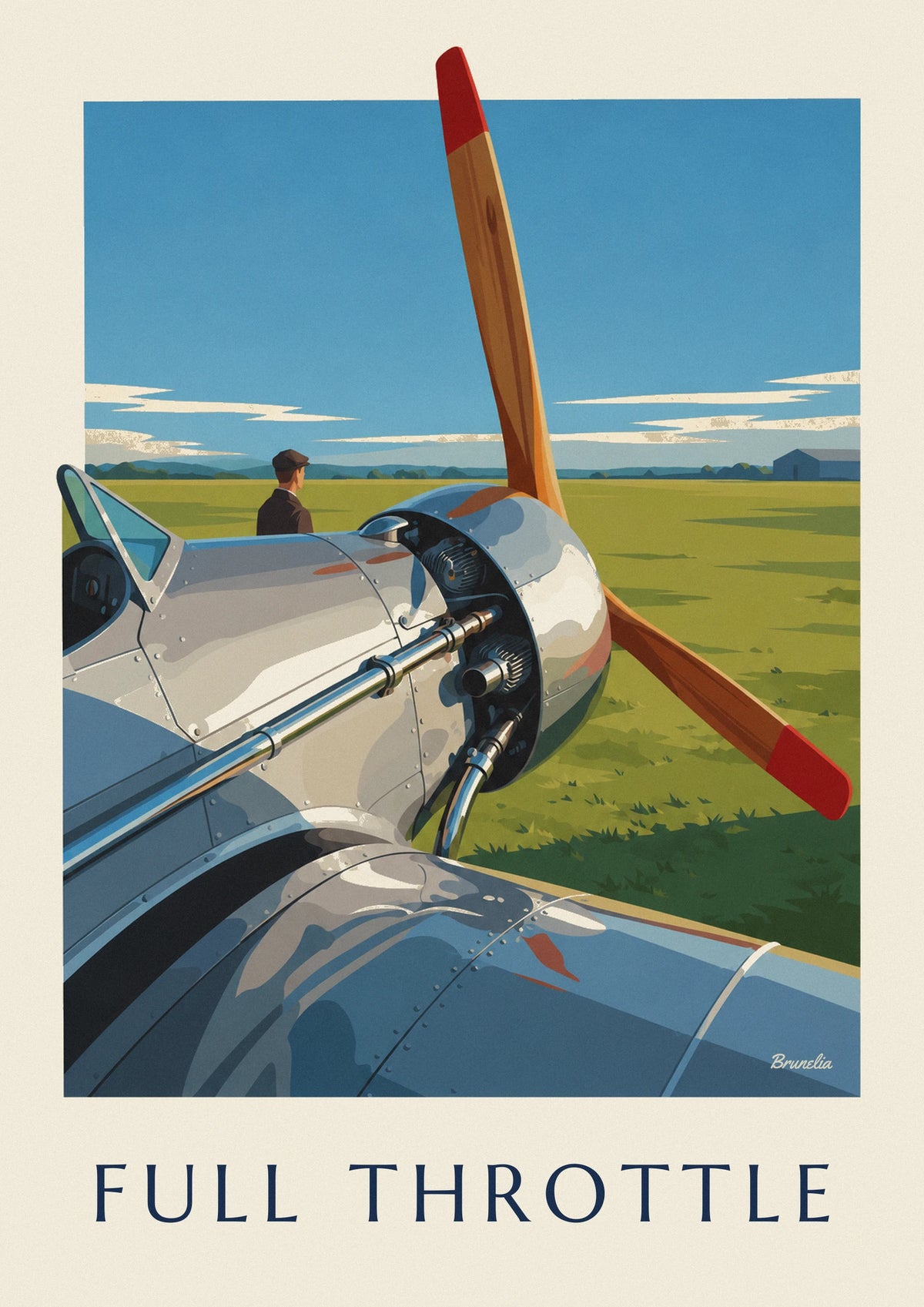 Chrome airplane engine and wooden propeller poster