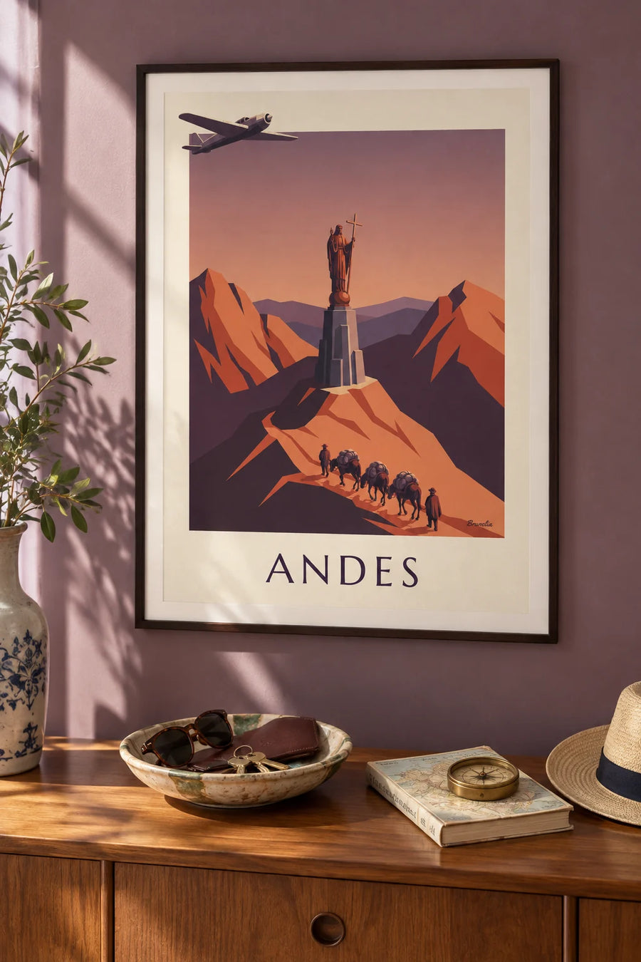 Poster Postflugzeug und Maultierkarawane in den Anden: gerahmt an der Wand