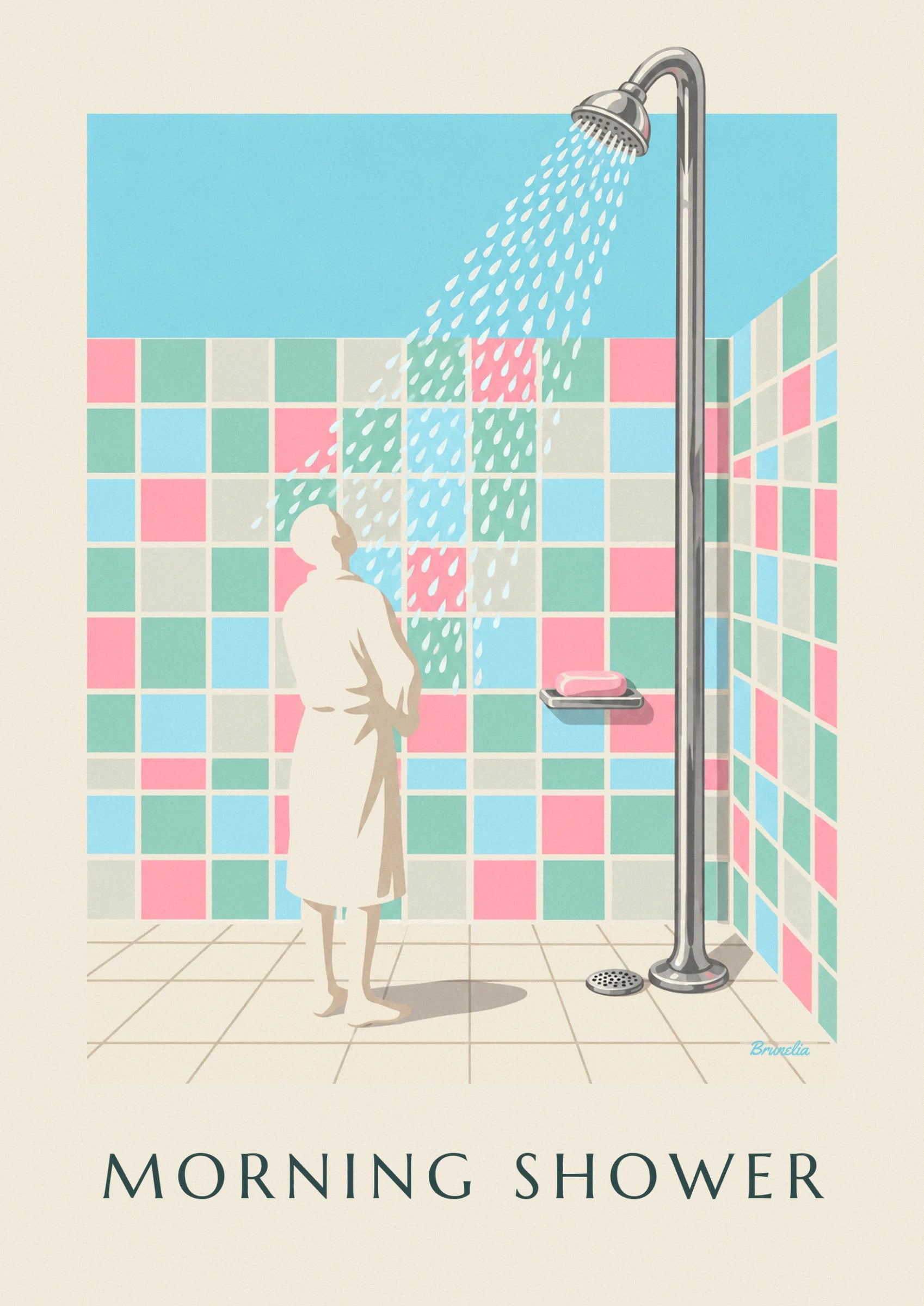 The chrome shower head and its water droplets against a sky-blue background
