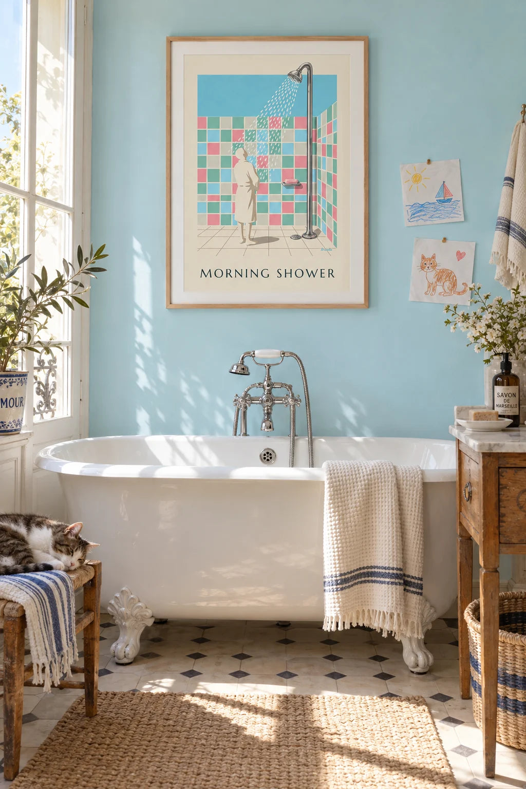 Chrome showerhead and pastel tiles poster on the wall