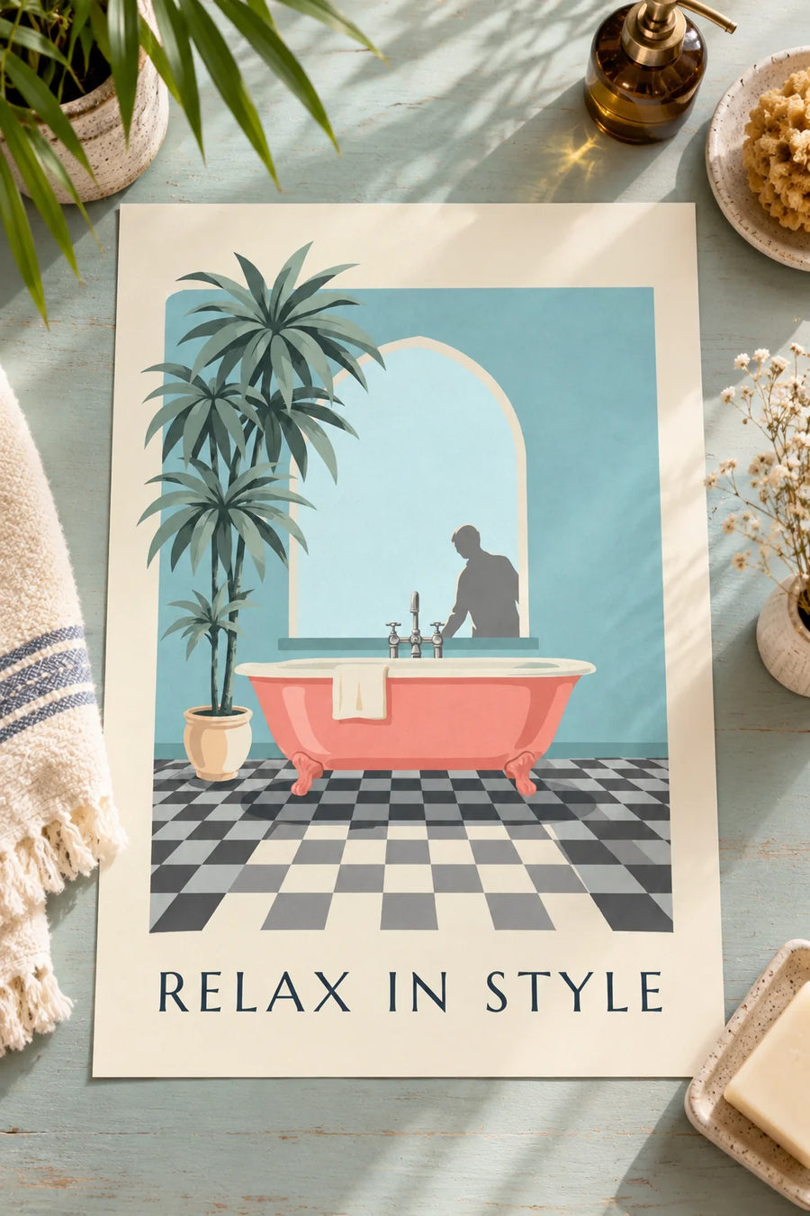 Poster of a coral bathtub and checkerboard tiles: on a table