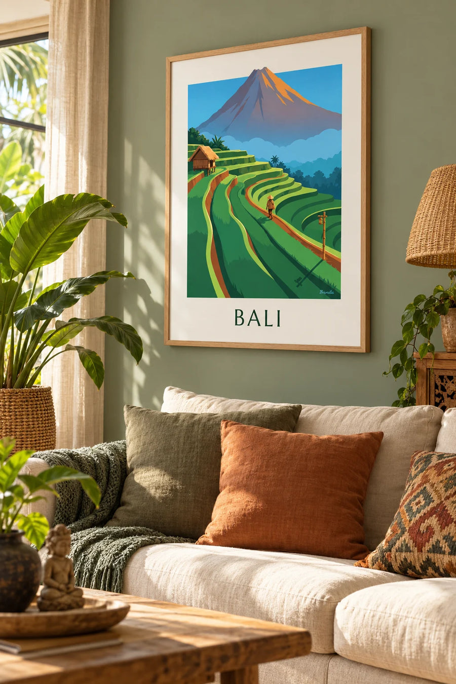 Poster Reisterrassen auf Bali und Mount Agung bei Sonnenaufgang: gerahmt an der Wand