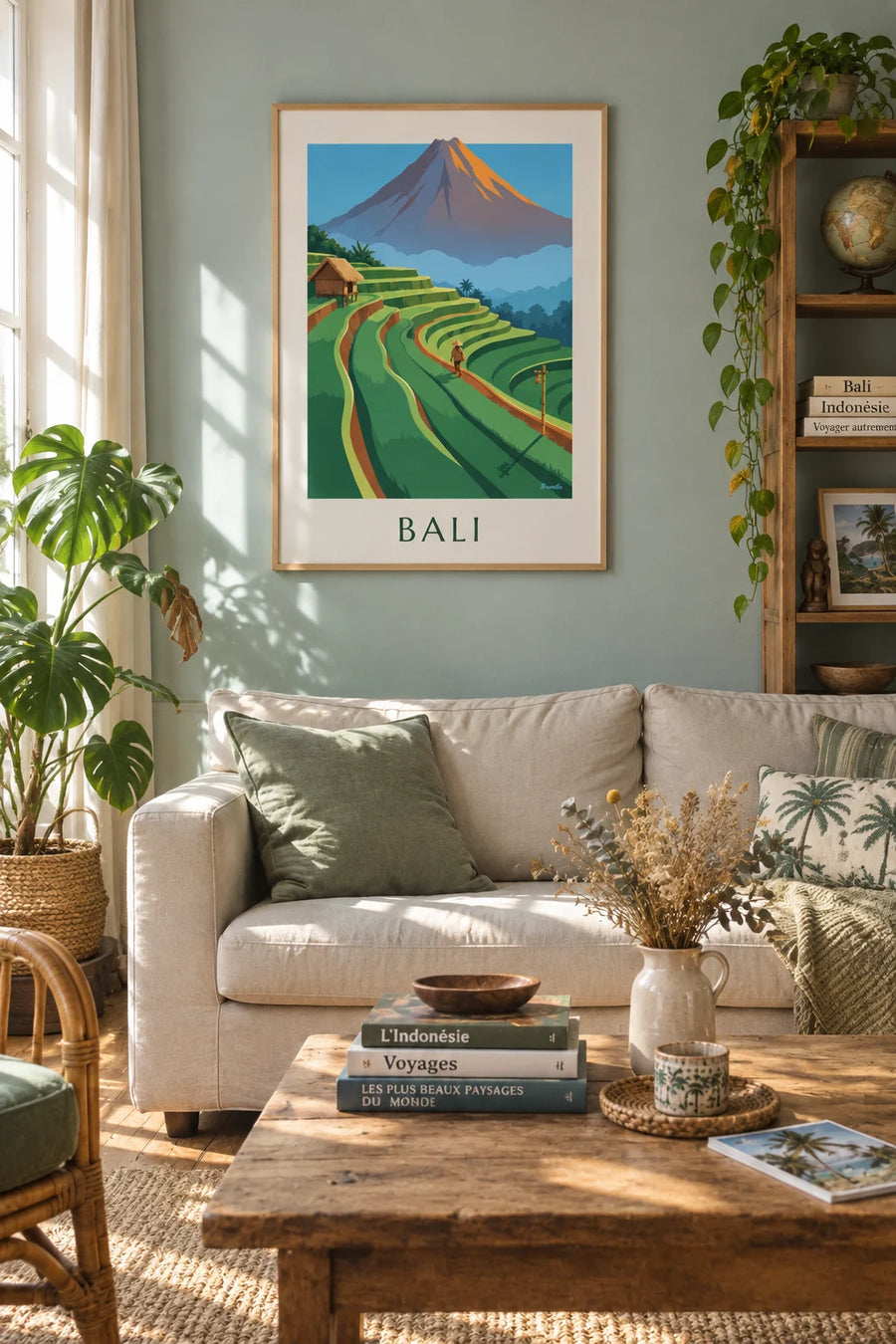 Affiche rizières en terrasses de Bali et mont Agung au lever du soleil : encadrée au mur
