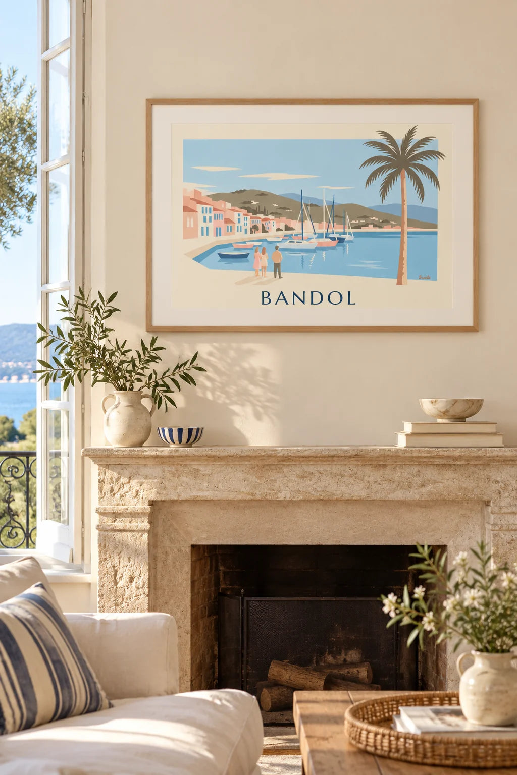 Sailboats and palm tree on Bandol harbor poster on the wall