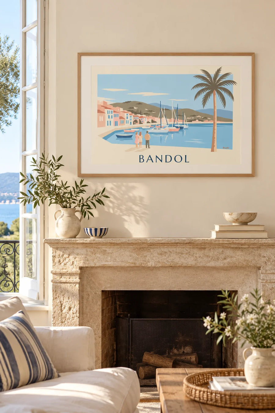 Affiche voiliers et palmier sur le port de Bandol : encadrée au mur