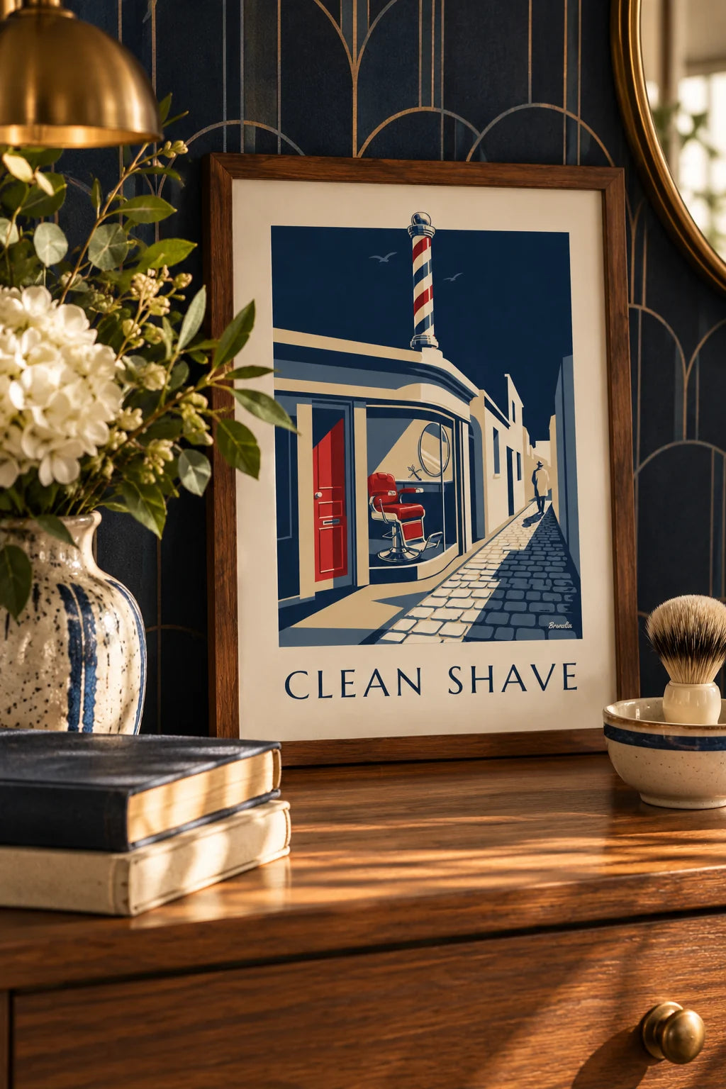 Bathroom: Barber shop with barber chair and straight razor poster on the wall