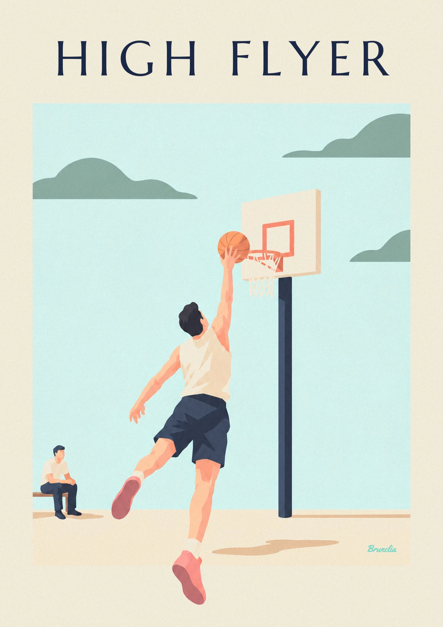 Basketball player soaring to the hoop for a dunk poster