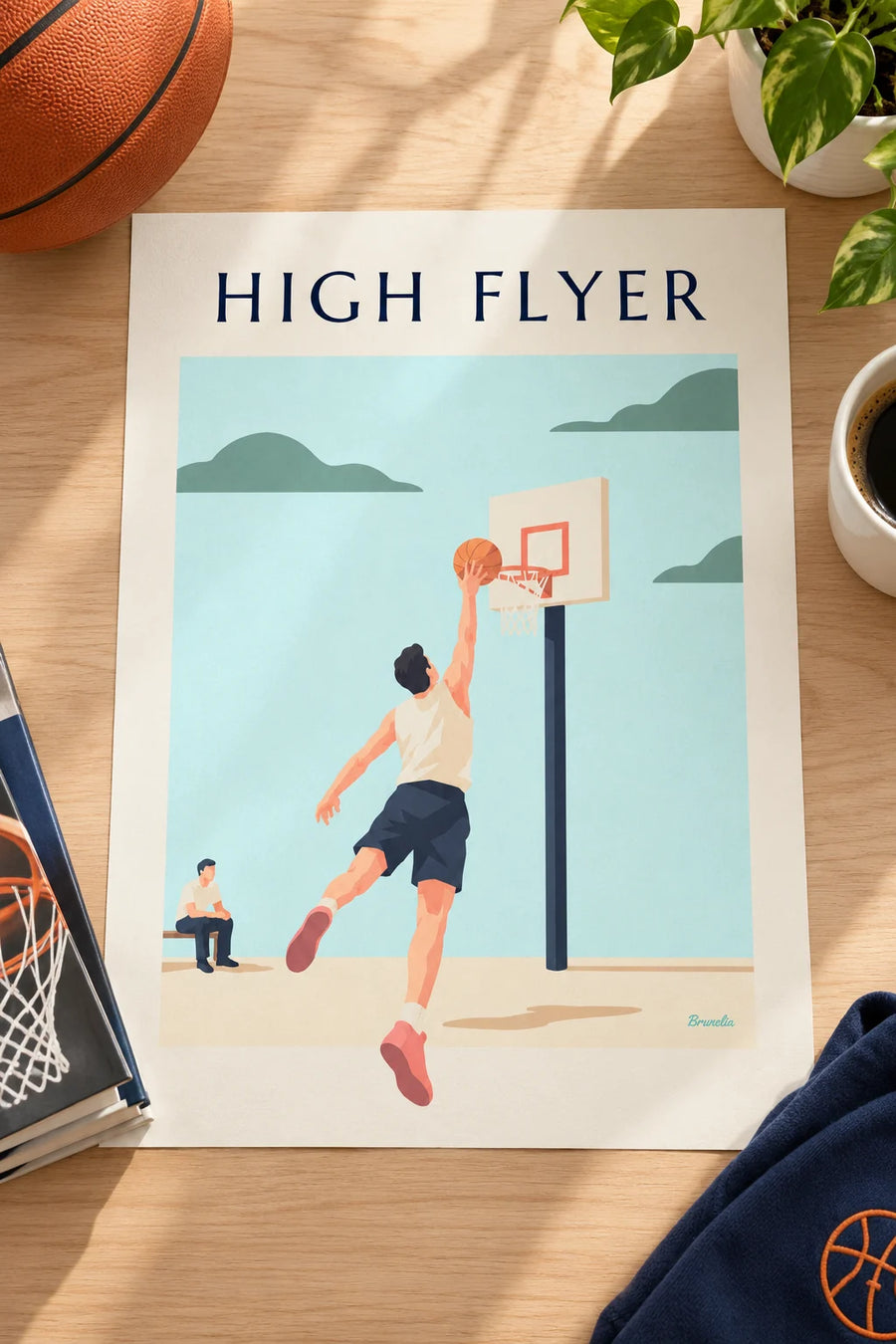 Poster of a basketball player soaring toward the hoop for a dunk: resting on a table