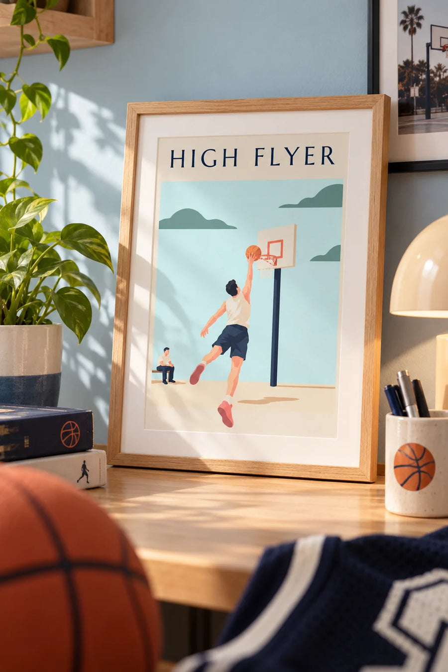 Basketball player soaring toward the hoop for a dunk poster: small framed A4 size