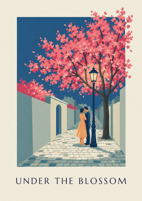 Affiche couple sous un lampadaire et un cerisier en fleurs : l'affiche entière