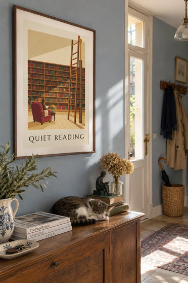 Poster Holzbibliothek mit Rollleiter: gerahmt an der Wand