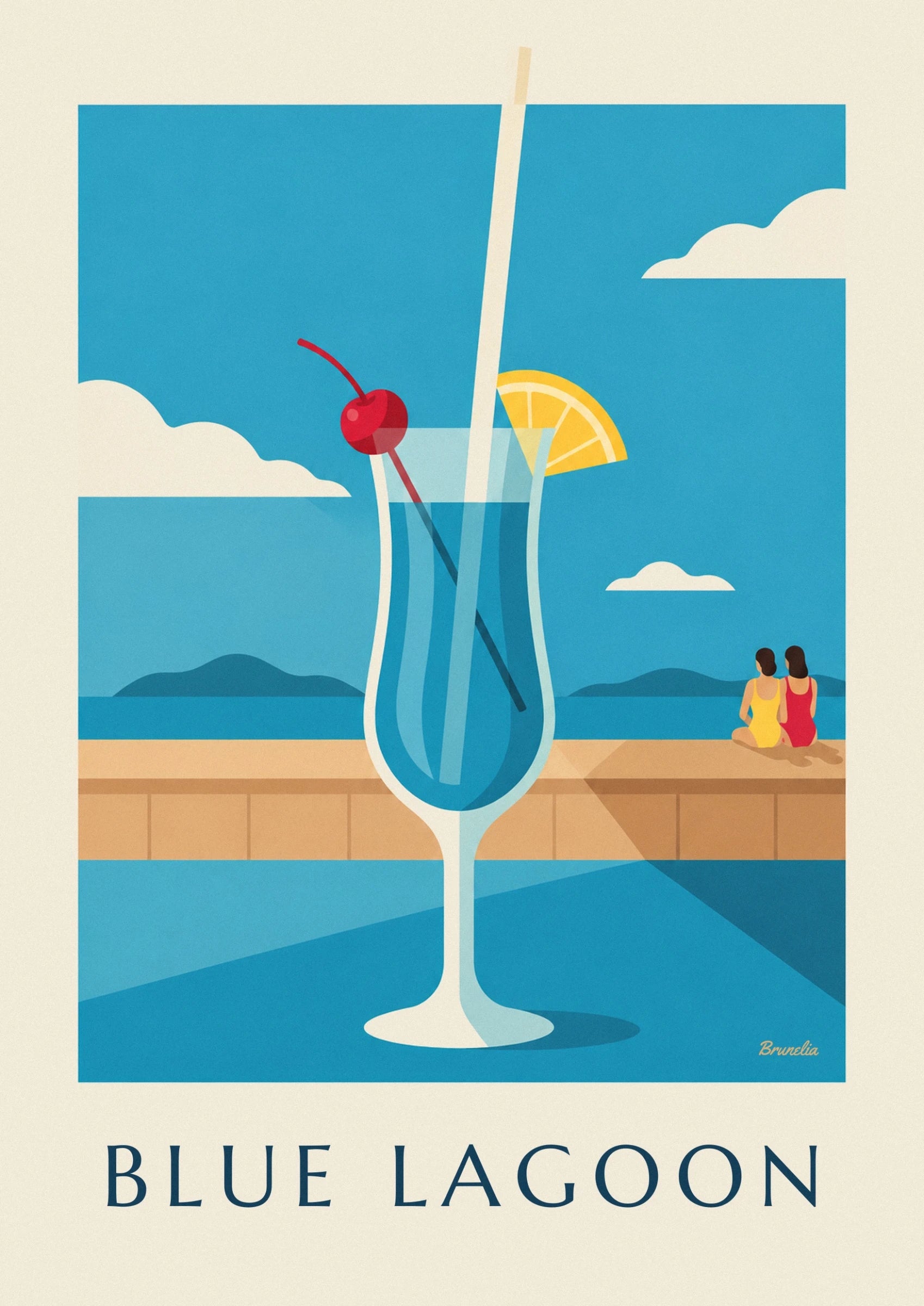 Le verre bleu allongé et sa paille sombre devant les eaux turquoise du lagon